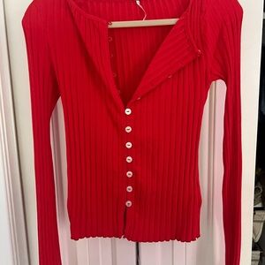 Free People Red Ribbed Button-Down Top